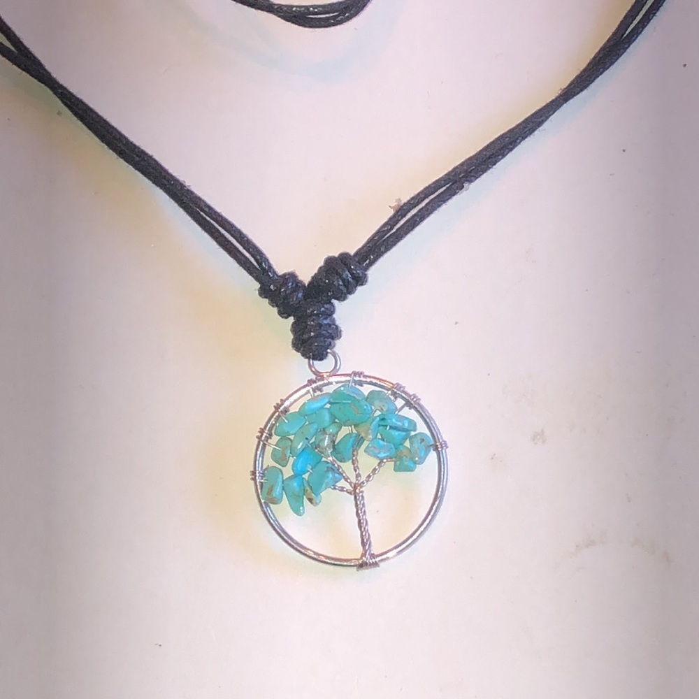 Turquoise Color Tree of Life Pendant Adjustable Cord Necklace